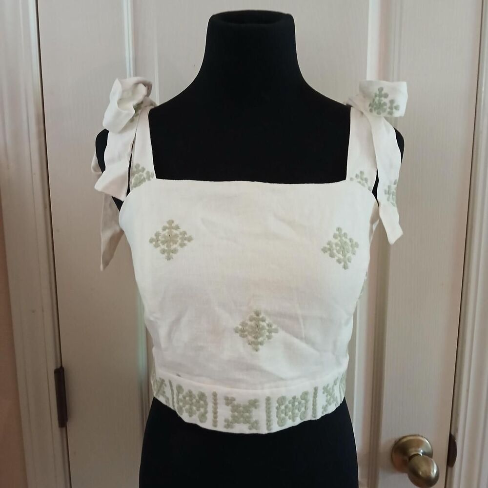 NWT House of Harlow 1960 Linen Blend Cream/Green Tank Top Smocked Back Bows M
